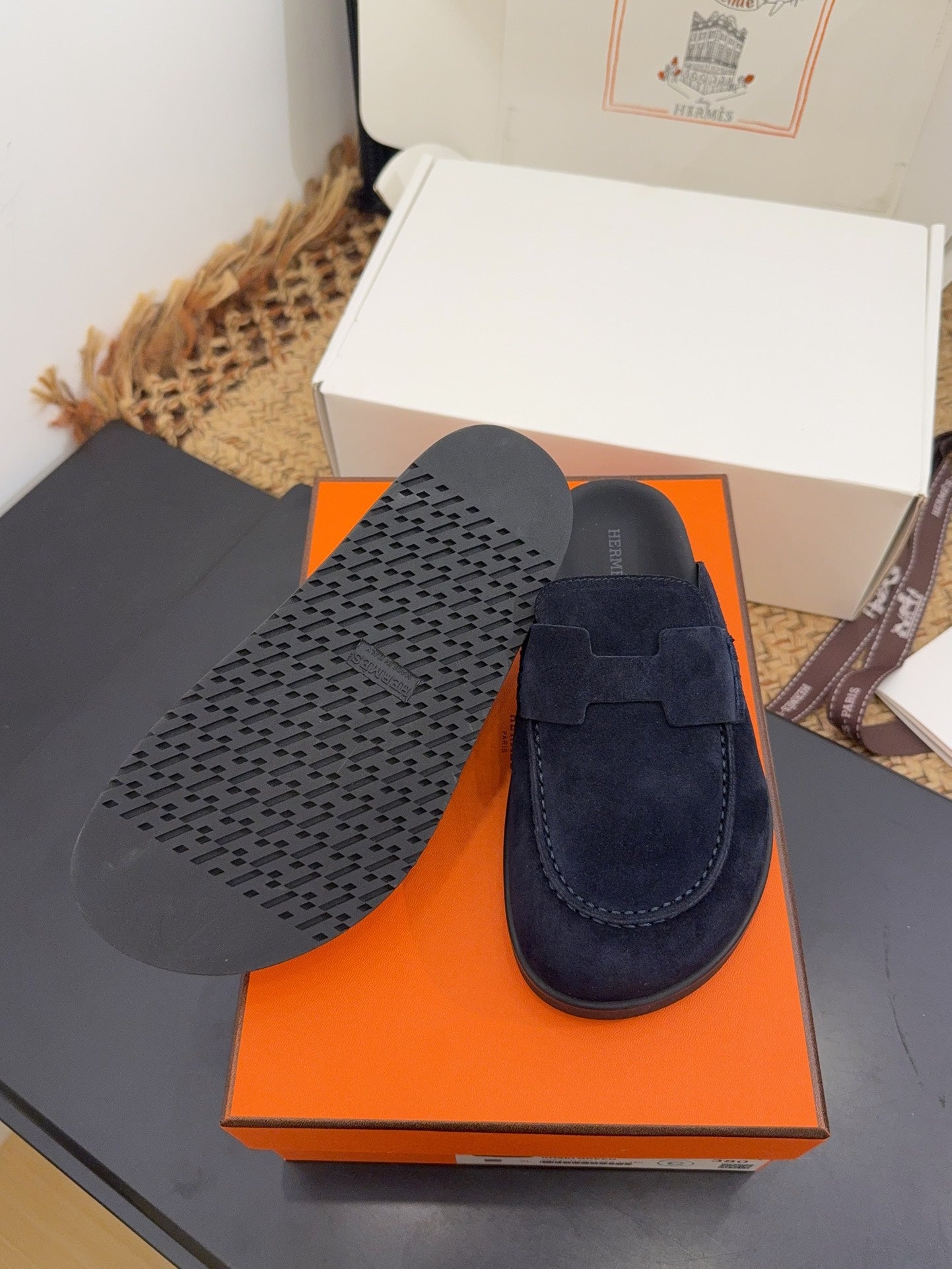 HERMES 25S MULE IN DARK SLATE BLUE SUEDE