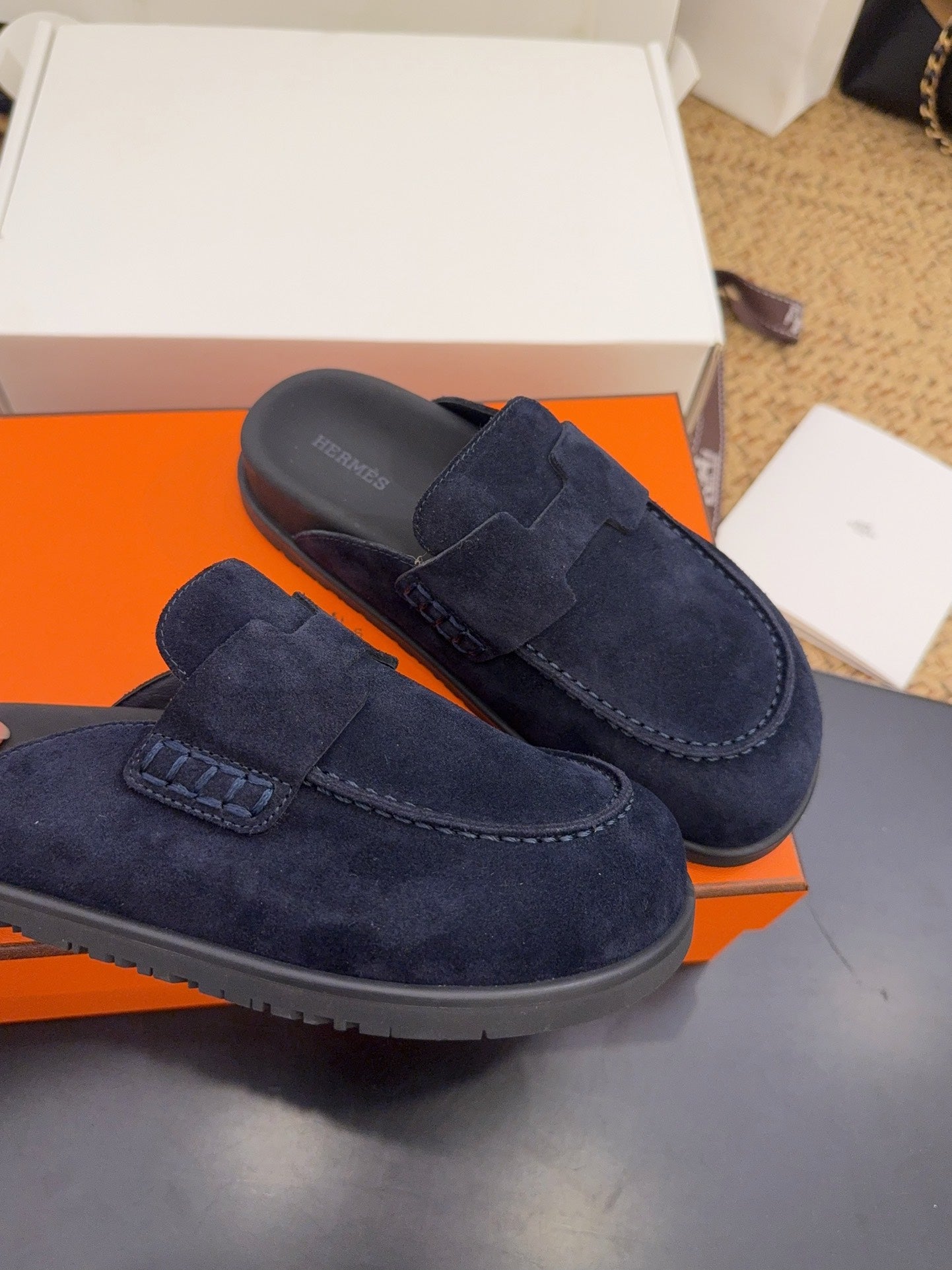 HERMES 25S MULE IN DARK SLATE BLUE SUEDE