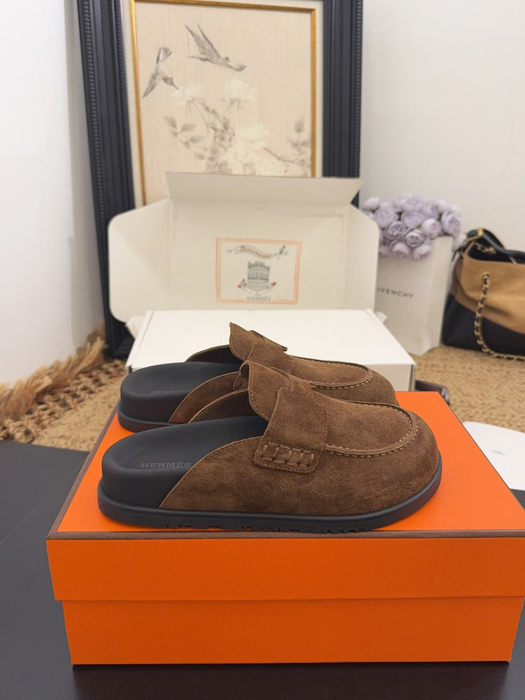 HERMES 25S MULE IN BROWN SUEDE