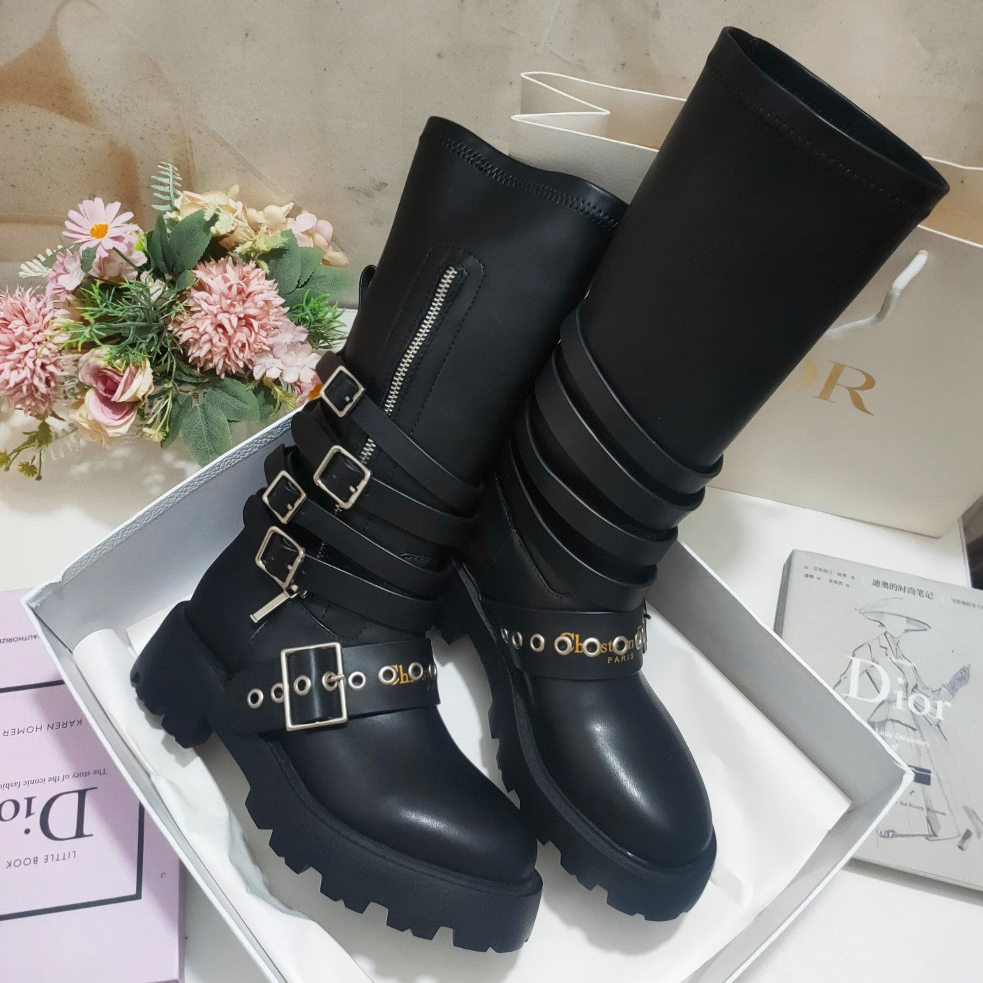 DIOR CD ZIPPER BUCKLE BOOTS IN BLACK CALFSKIN
