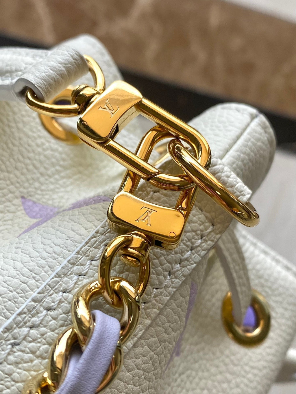 LOUIS VUITTON NANO NOÉ 16 IN WHITE PURPLE MONOGRAM EMBOSSED CALFSKIN