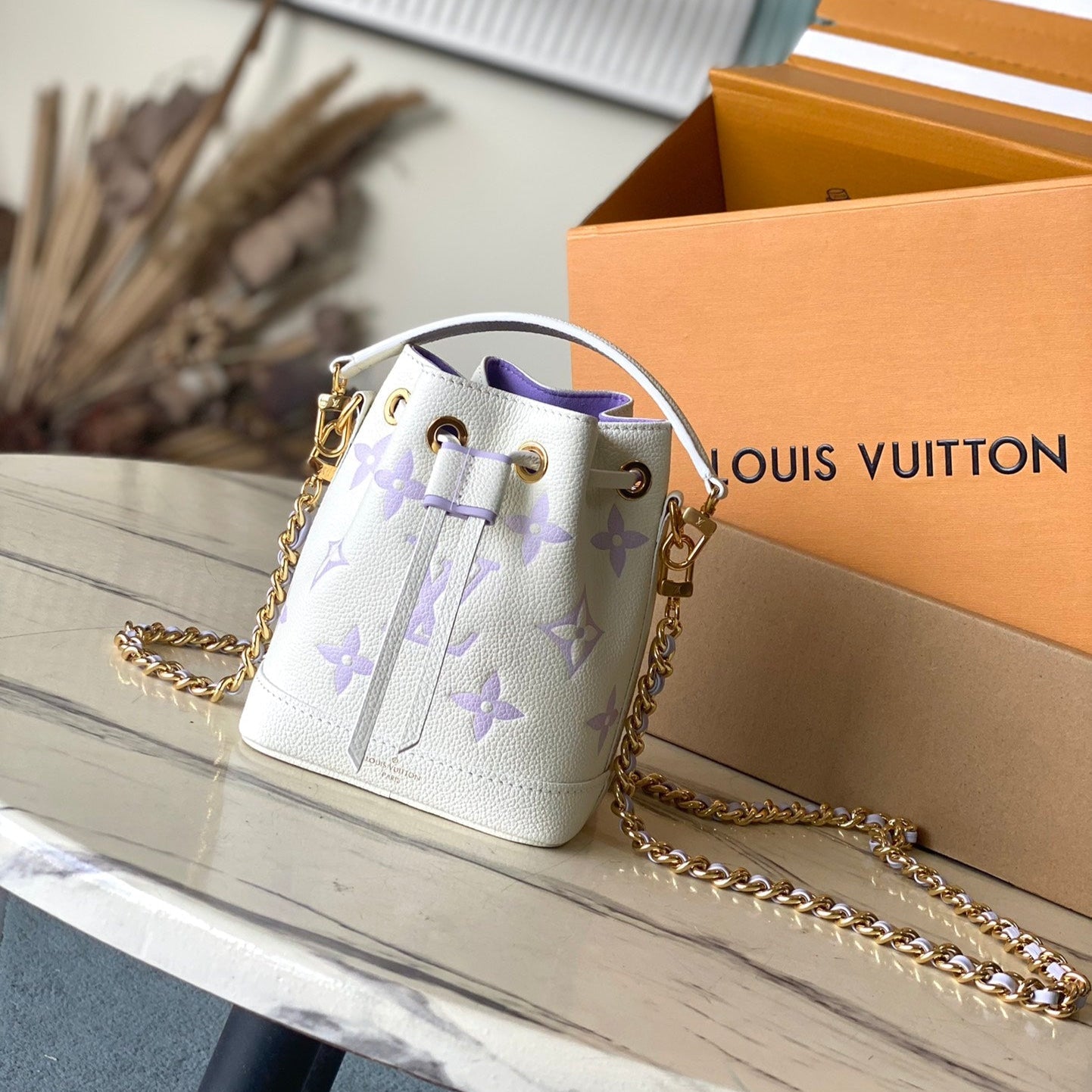 LOUIS VUITTON NANO NOÉ 16 IN WHITE PURPLE MONOGRAM EMBOSSED CALFSKIN
