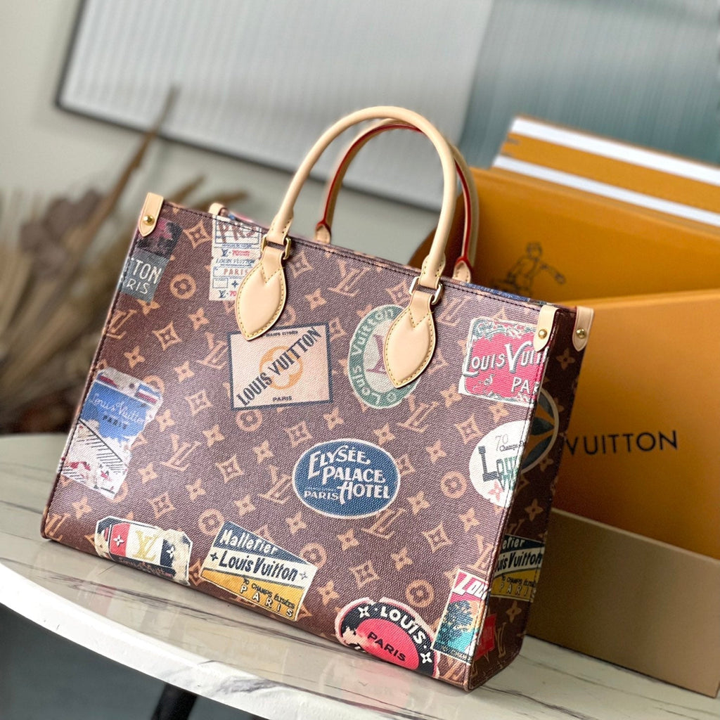 LOUIS VUITTON ONTHEGO VOYAGE 35 IN BROWN MONOGRAM CANVAS WITH VINTAGE HOTEL LABELS