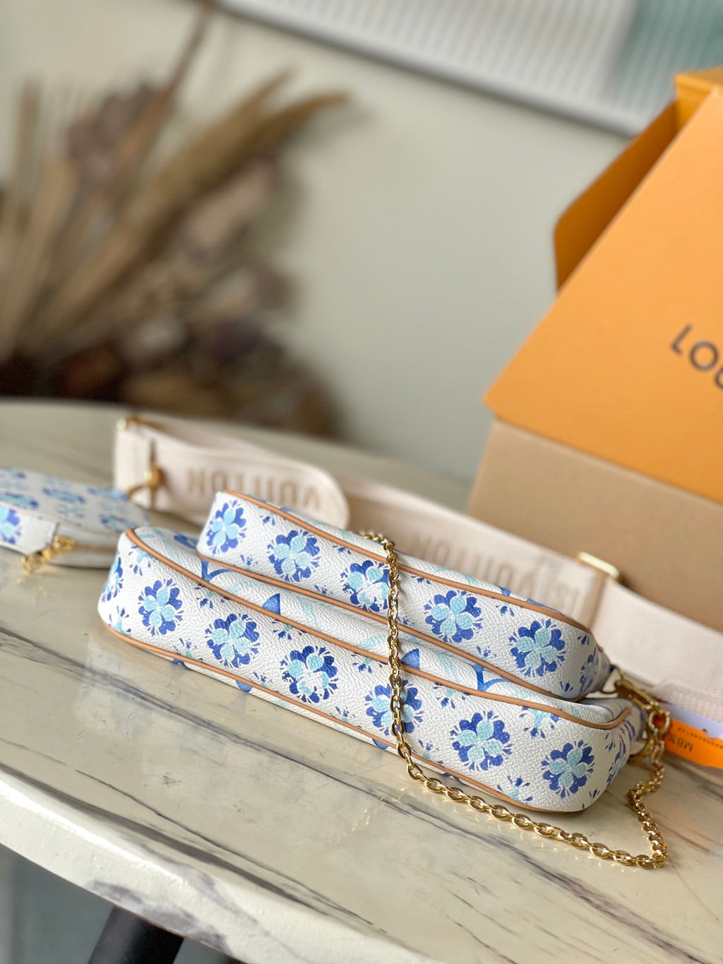 LOUIS VUITTON MULTI POCHETTE ACCESSOIRES 24 IN LAGOON BLUE MONOGRAM TILES CANVAS GOLD HARDWARE