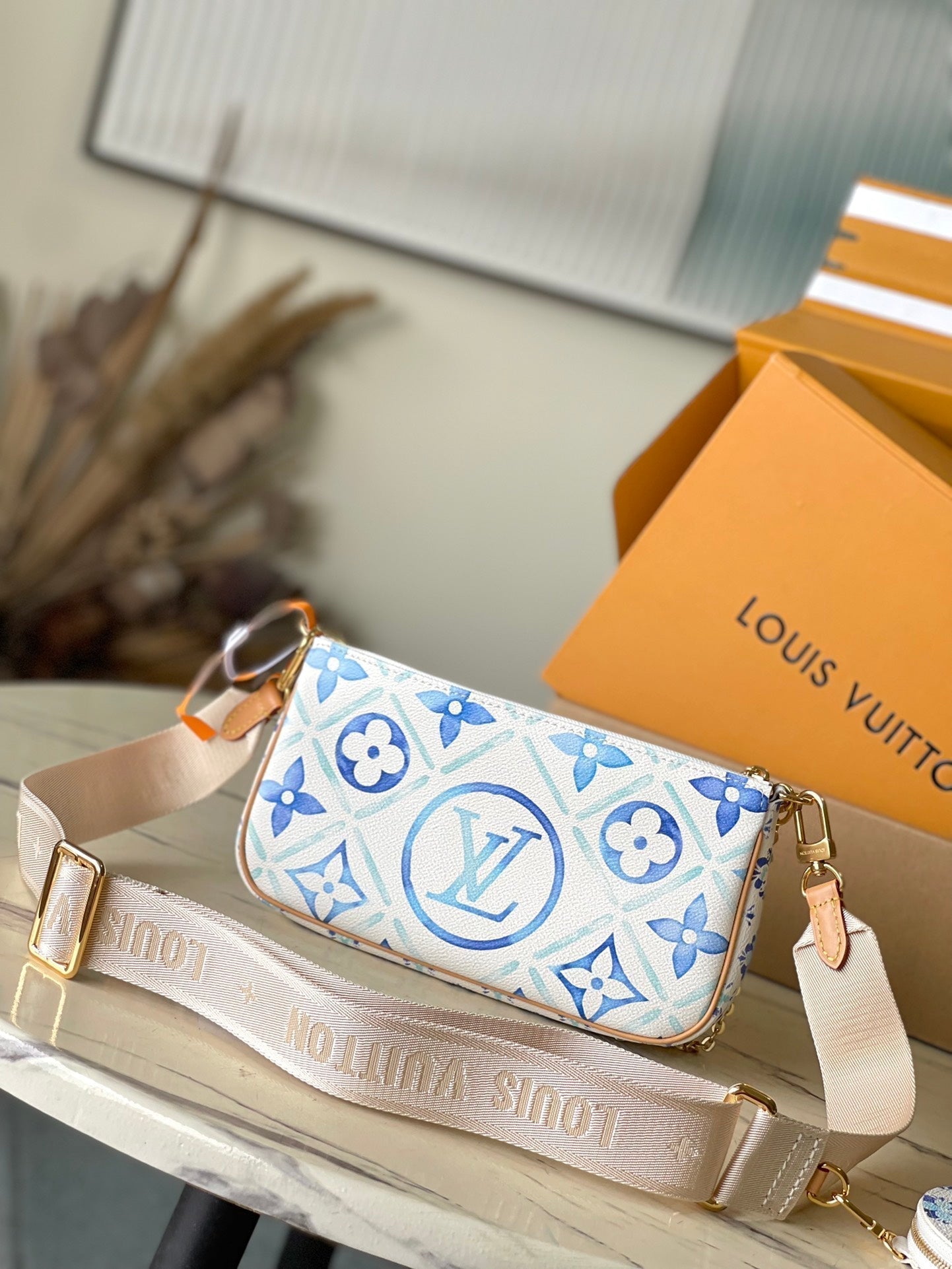 LOUIS VUITTON MULTI POCHETTE ACCESSOIRES 24 IN LAGOON BLUE MONOGRAM TILES CANVAS GOLD HARDWARE