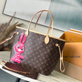 LOUIS VUITTON NEVERFULL MM 31 IN BROWN MONOGRAM CANVAS WITH PINK RABBIT PATCH