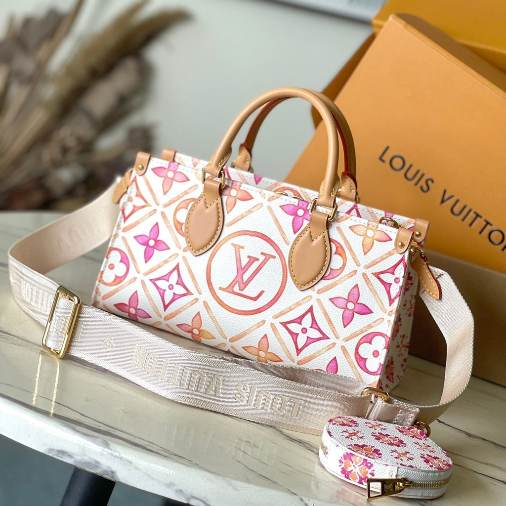 LOUIS VUITTON ONTHEGO EAST WEST 25 IN CORAL MONOGRAM TILES CANVAS