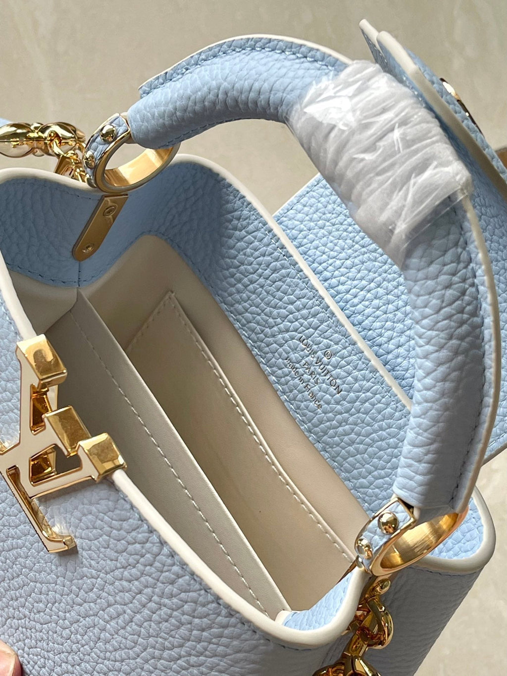 LOUIS VUITTON CAPUCINES MINI 21 IN CANDY BLUE TAURILLON GOLD HARDWARE