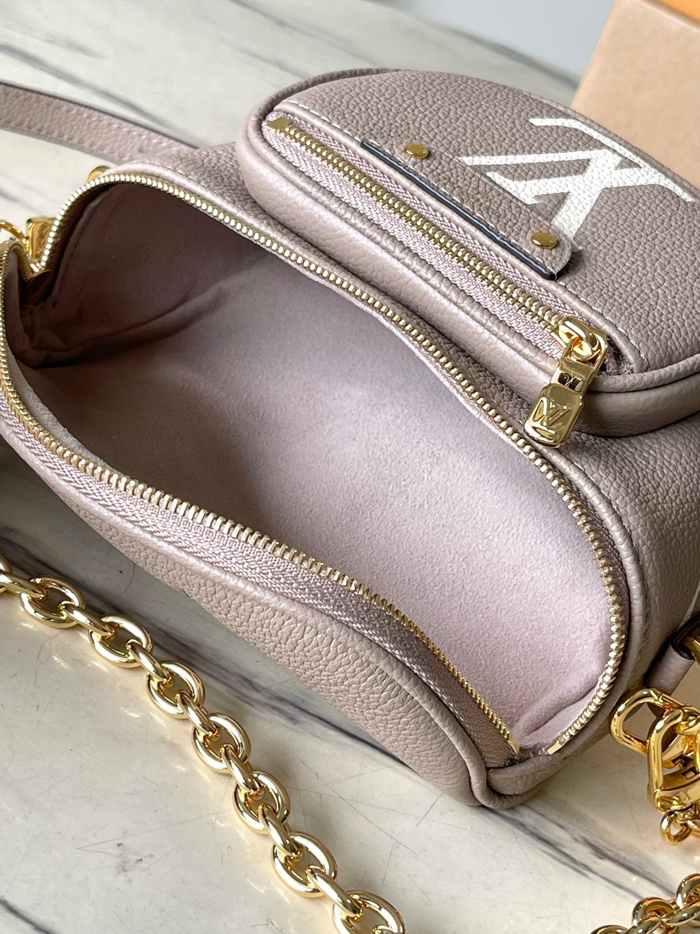 LOUIS VUITTON MINI BUMBAG 17 IN TOURTERELLE WHITE MONOGRAM EMPREINTE LEATHER GOLD HARDWARE
