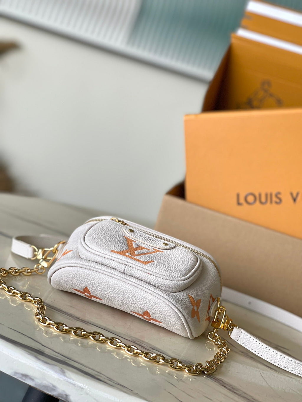 LOUIS VUITTON MINI BUMBAG 17 IN WHITE ORANGE MONOGRAM EMPREINTE LEATHER GOLD HARDWARE