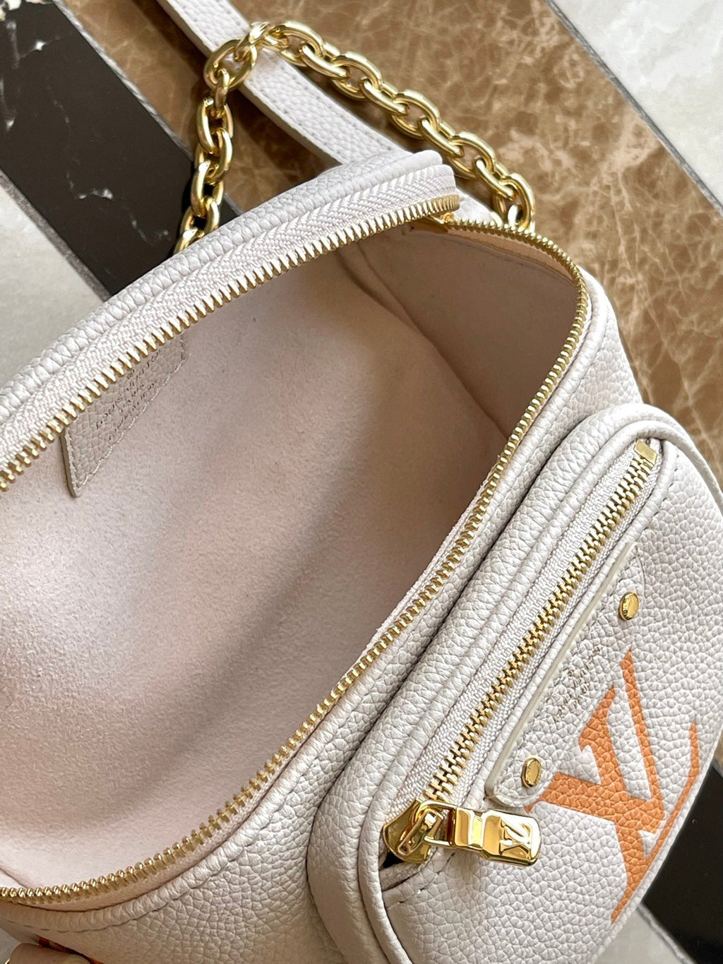 LOUIS VUITTON MINI BUMBAG 17 IN WHITE ORANGE MONOGRAM EMPREINTE LEATHER GOLD HARDWARE