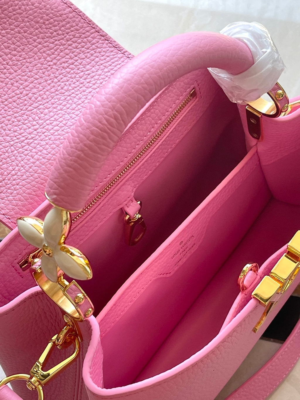 LOUIS VUITTON CAPUCINES BB 26 IN MARSHMALLOW PINK TAURILLON GOLD HARDWARE