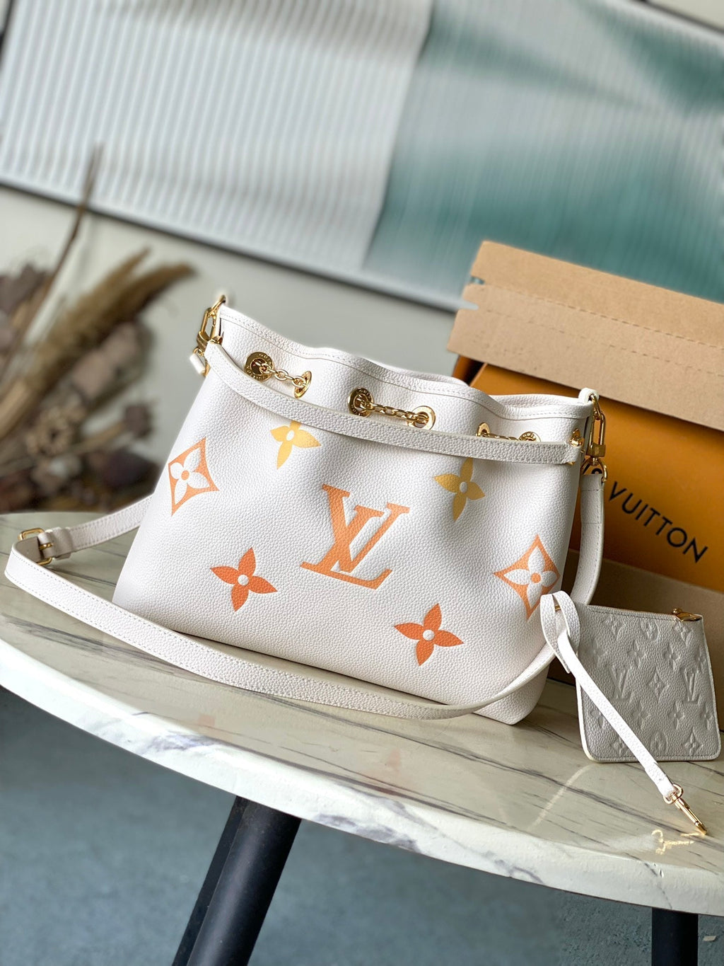 LOUIS VUITTON BUNDLE 28 IN WHITE ORANGE MONOGRAM EMPREINTE LEATHER GOLD HARDWARE
