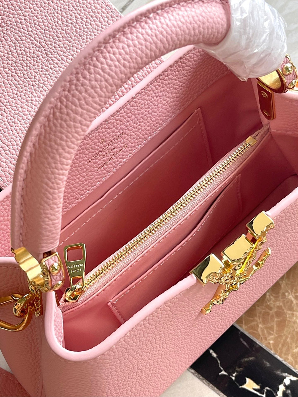 LOUIS VUITTON CAPUCINES EAST-WEST MINI 22 IN BLUSH PINK CALFSKIN GOLD HARDWARE