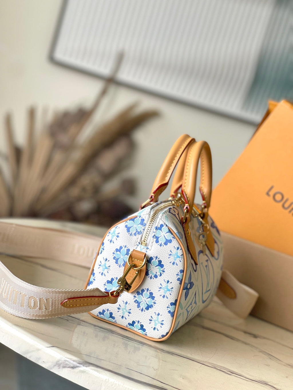LOUIS VUITTON SPEEDY BANDOULIÈRE 20 IN LAGOON BLUE MONOGRAM TILES CANVAS GOLD BUCKLE