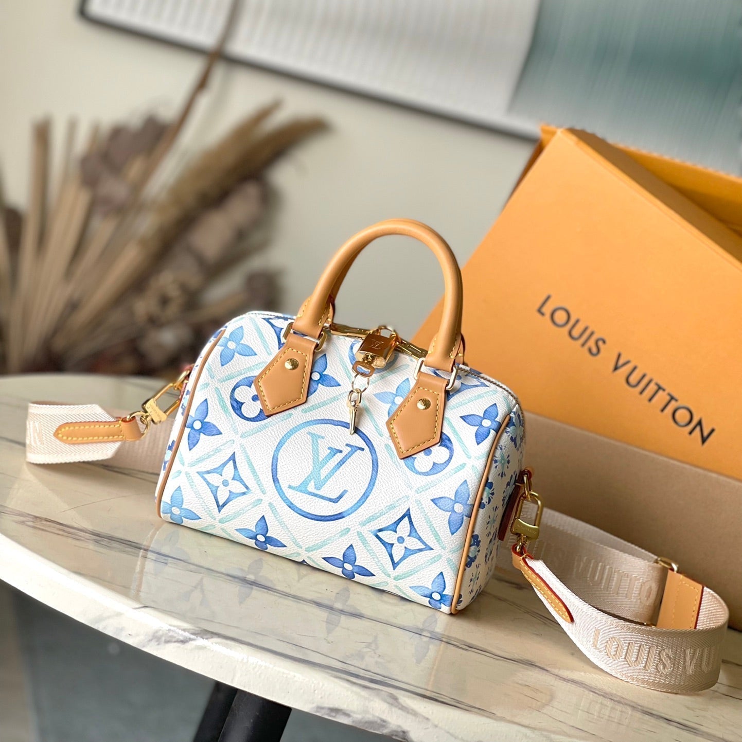 LOUIS VUITTON SPEEDY BANDOULIÈRE 20 IN LAGOON BLUE MONOGRAM TILES CANVAS GOLD BUCKLE