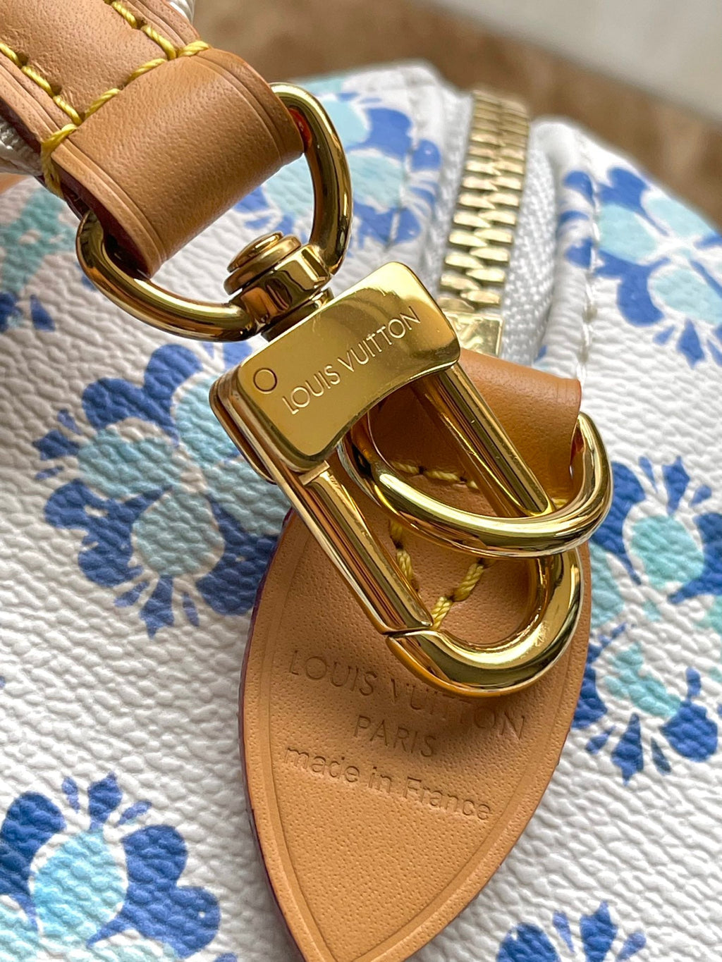 LOUIS VUITTON SPEEDY BANDOULIÈRE 20 IN LAGOON BLUE MONOGRAM TILES CANVAS GOLD BUCKLE
