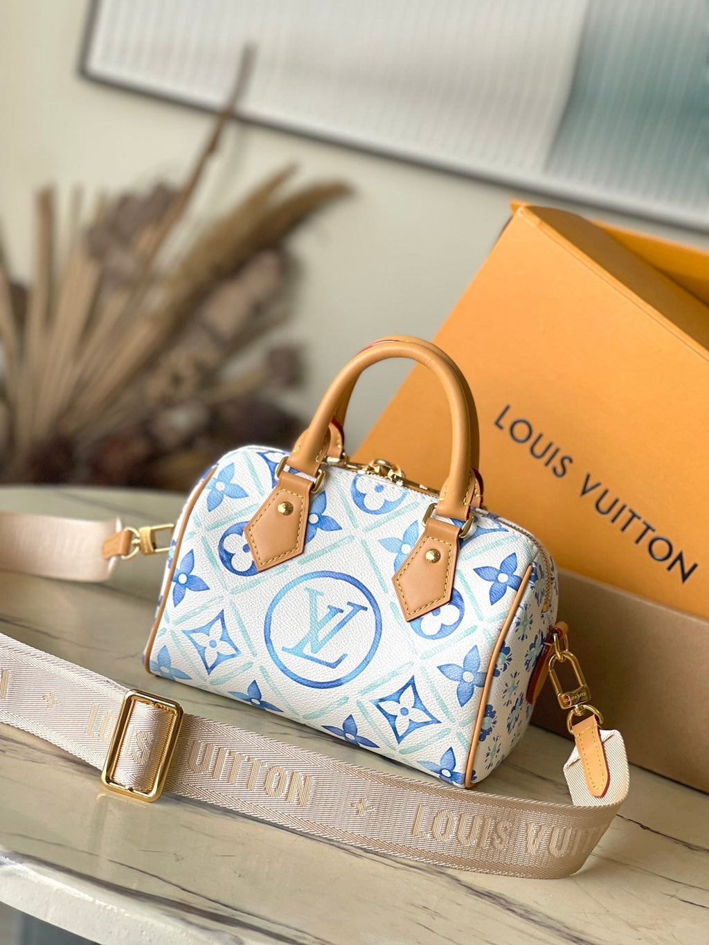 LOUIS VUITTON SPEEDY BANDOULIÈRE 20 IN LAGOON BLUE MONOGRAM TILES CANVAS GOLD BUCKLE