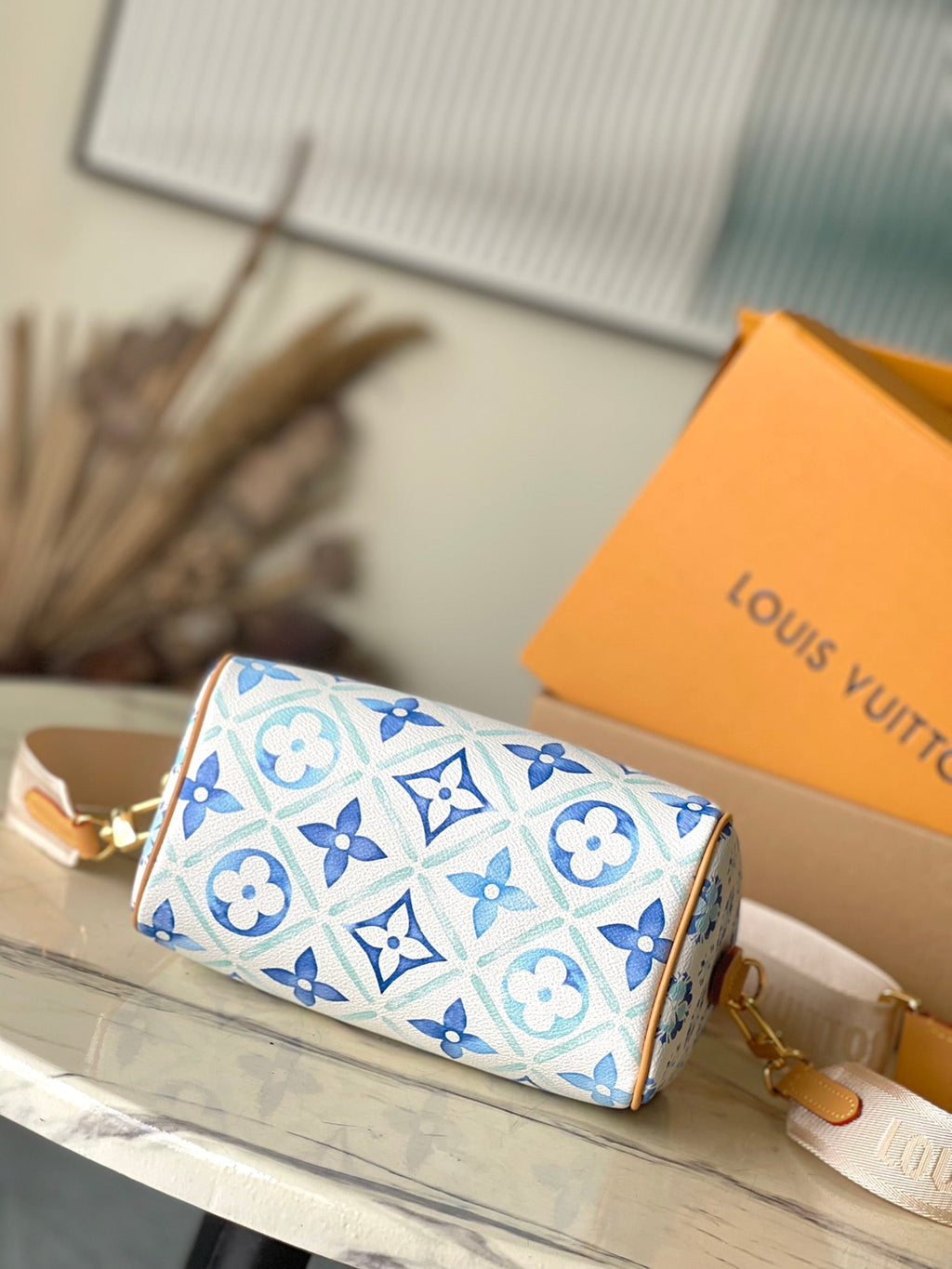 LOUIS VUITTON SPEEDY BANDOULIÈRE 20 IN LAGOON BLUE MONOGRAM TILES CANVAS GOLD BUCKLE