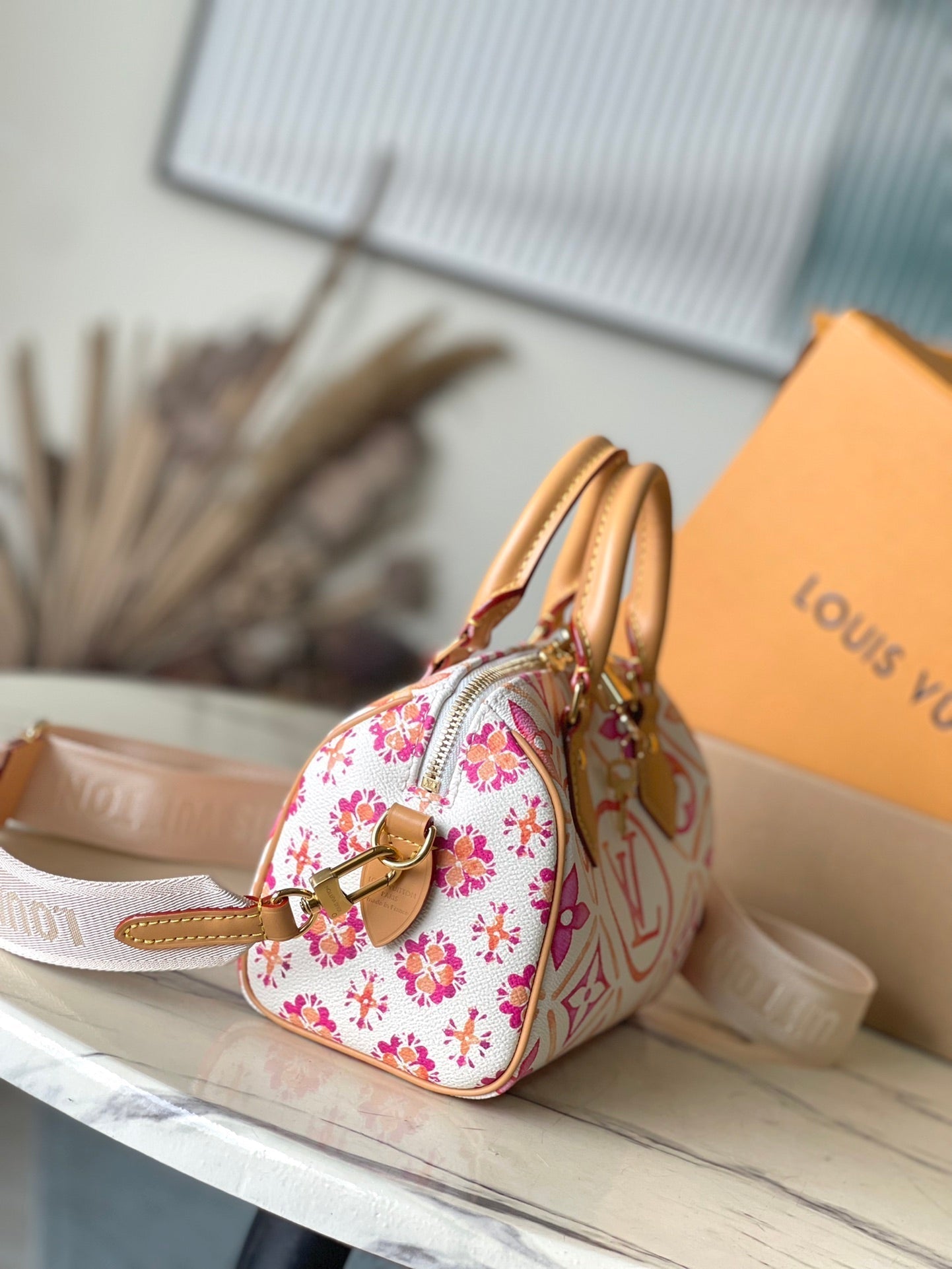 LOUIS VUITTON SPEEDY BANDOULIÈRE 20 IN CORAL MONOGRAM TILES CANVAS GOLD BUCKLE