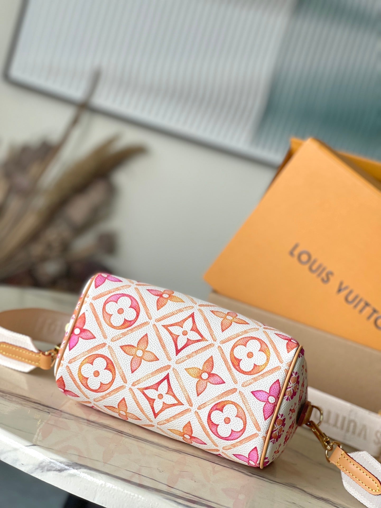 LOUIS VUITTON SPEEDY BANDOULIÈRE 20 IN CORAL MONOGRAM TILES CANVAS GOLD BUCKLE