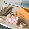 LOUIS VUITTON SPEEDY BANDOULIÈRE 20 IN CORAL MONOGRAM TILES CANVAS GOLD BUCKLE
