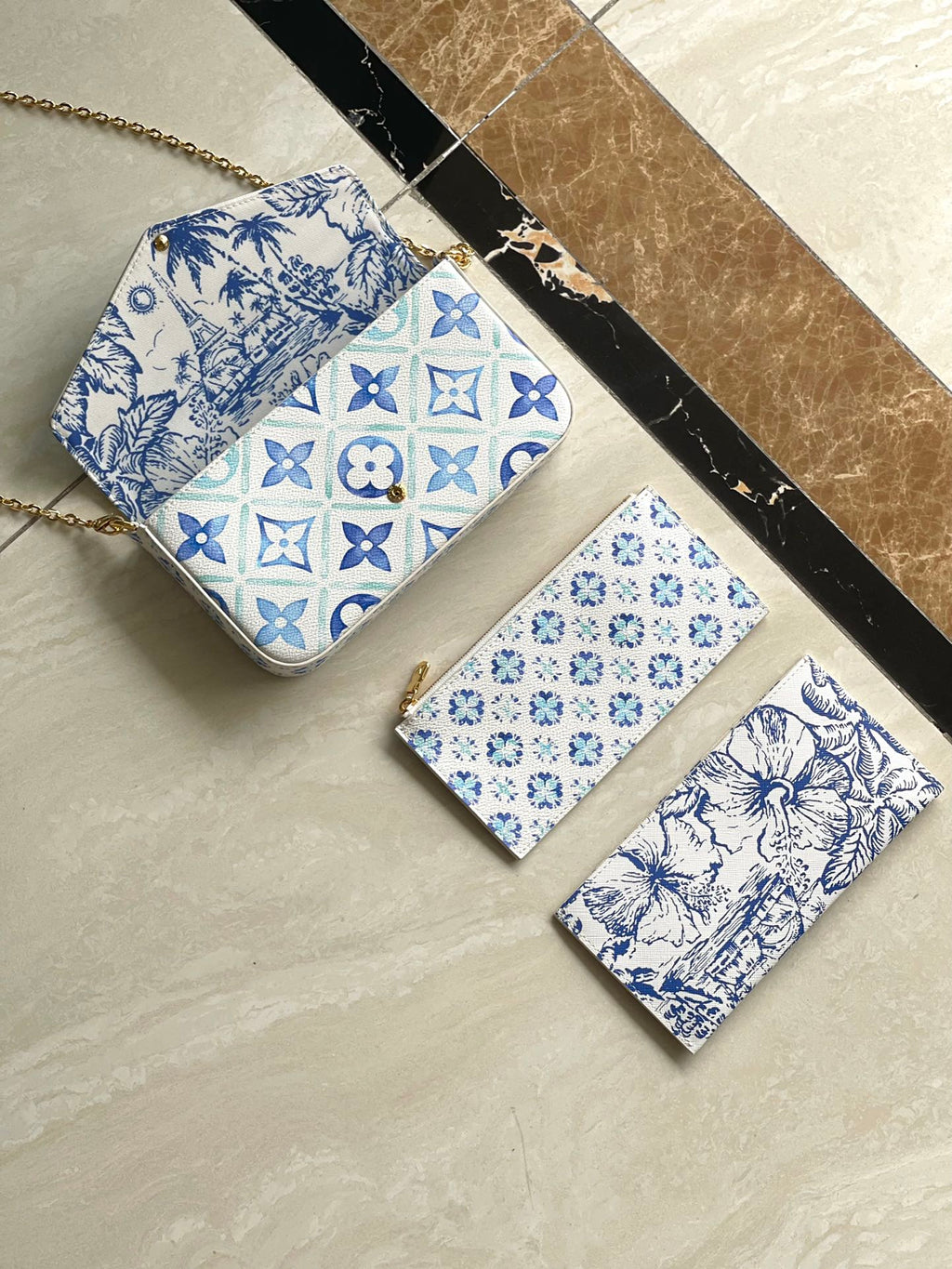 LOUIS VUITTON FÉLICIE POCHETTE 21 IN LAGOON BLUE MONOGRAM TILES CANVAS