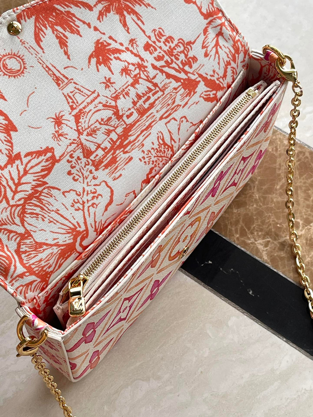 LOUIS VUITTON FÉLICIE POCHETTE 21 IN CORAL MONOGRAM TILES CANVAS