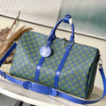 LOUIS VUITTON KEEPALL BANDOULIÈRE 45 IN BLUE GREEN DAMIER HERITAGE COATED CANVAS