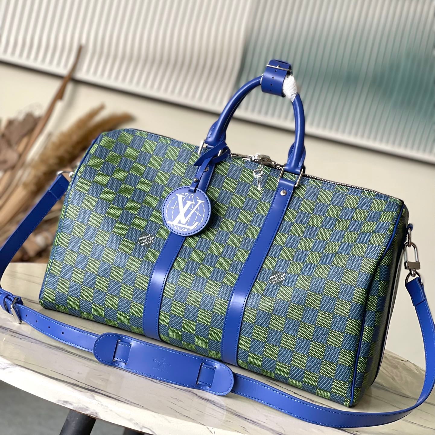 LOUIS VUITTON KEEPALL BANDOULIÈRE 45 IN BLUE GREEN DAMIER HERITAGE COATED CANVAS
