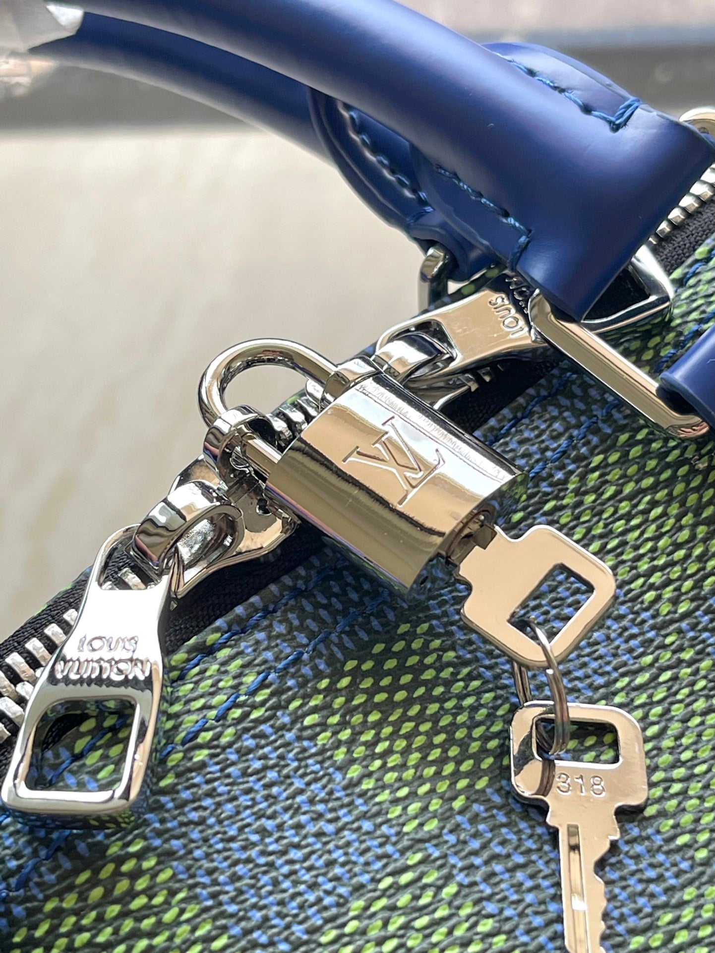 LOUIS VUITTON KEEPALL BANDOULIÈRE 45 IN BLUE GREEN DAMIER HERITAGE COATED CANVAS