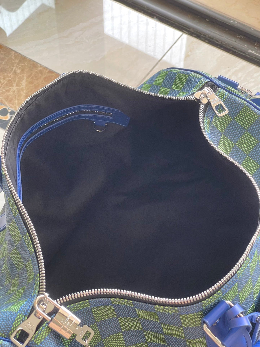 LOUIS VUITTON KEEPALL BANDOULIÈRE 45 IN BLUE GREEN DAMIER HERITAGE COATED CANVAS