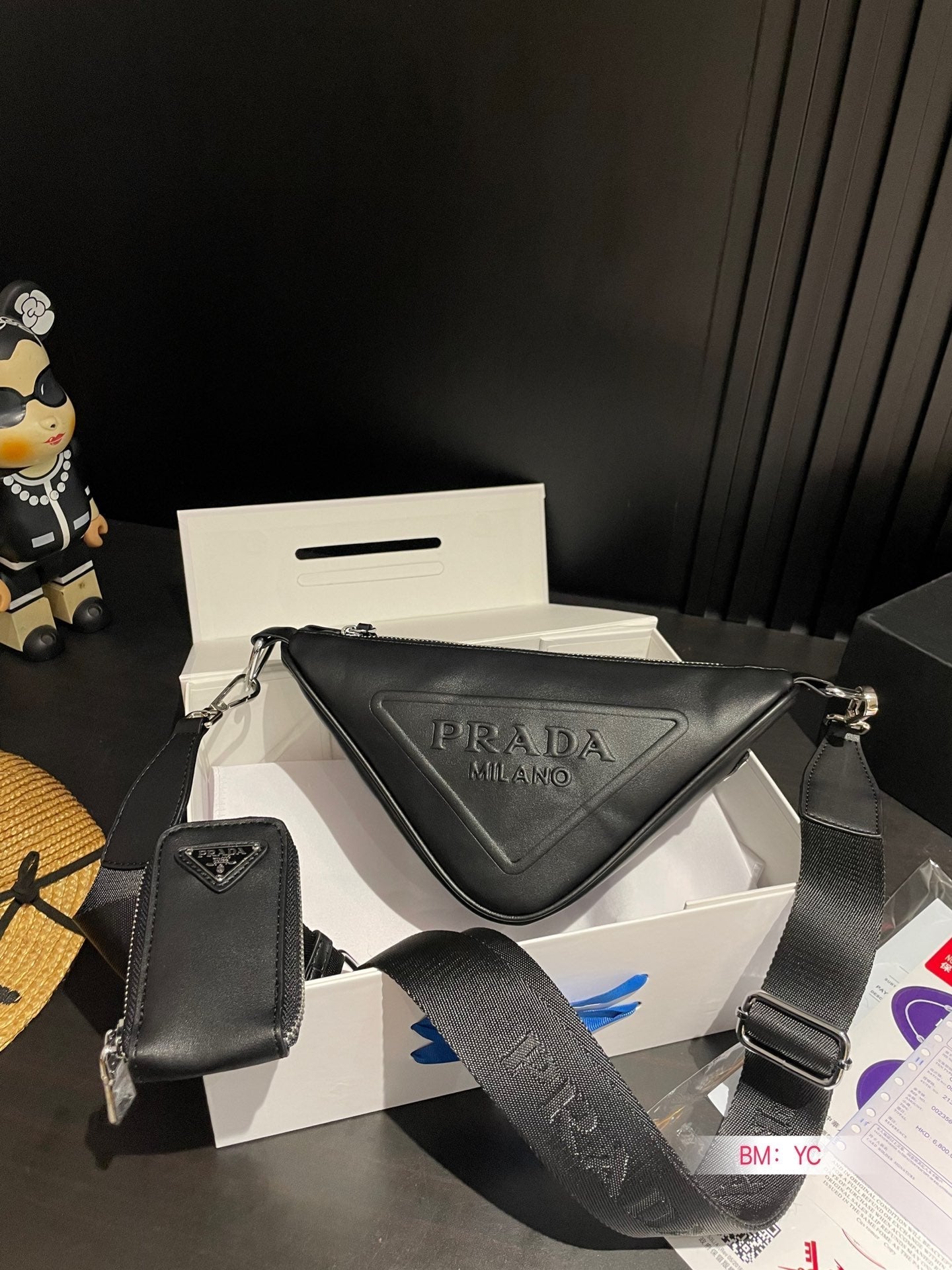 PRADA TRIANGLE 26 SHOULDER BAG IN BLACK CALFSKIN