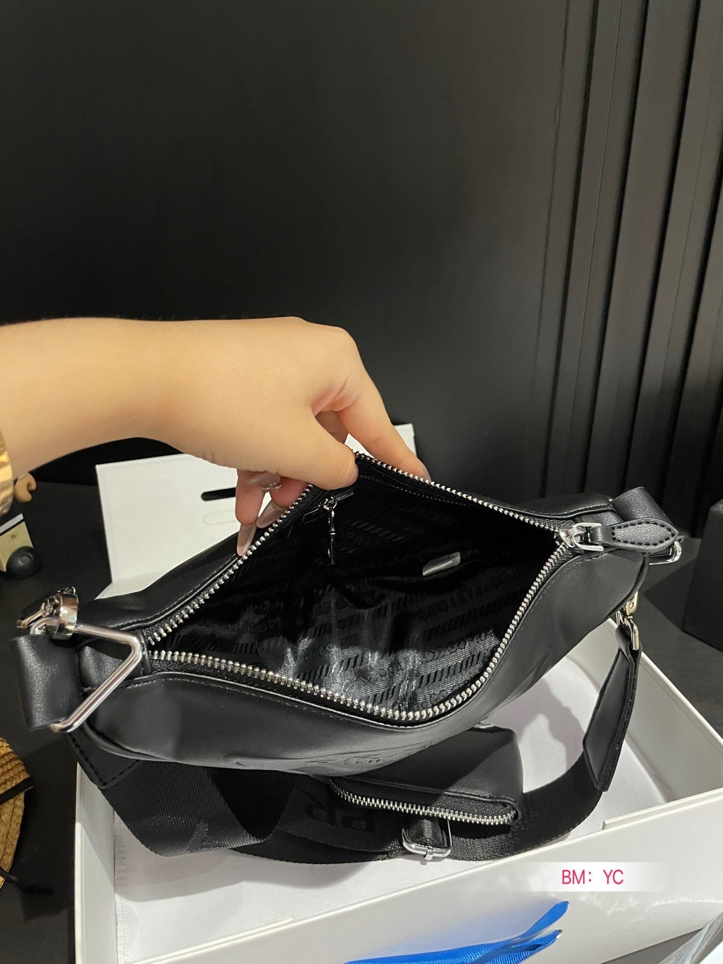 PRADA TRIANGLE 26 SHOULDER BAG IN BLACK CALFSKIN