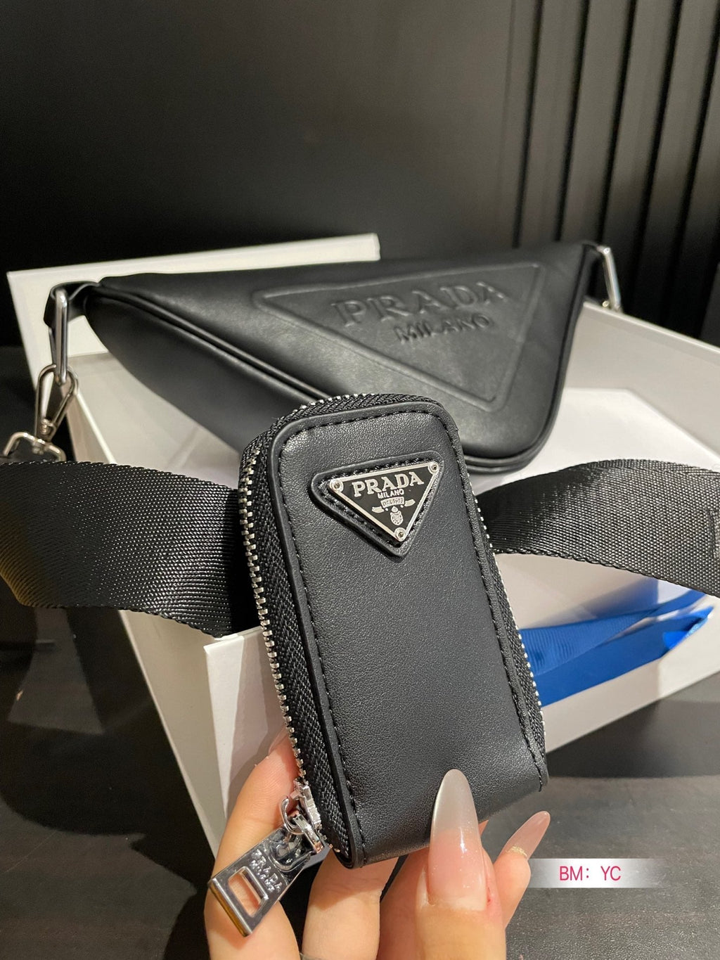 PRADA TRIANGLE 26 SHOULDER BAG IN BLACK CALFSKIN