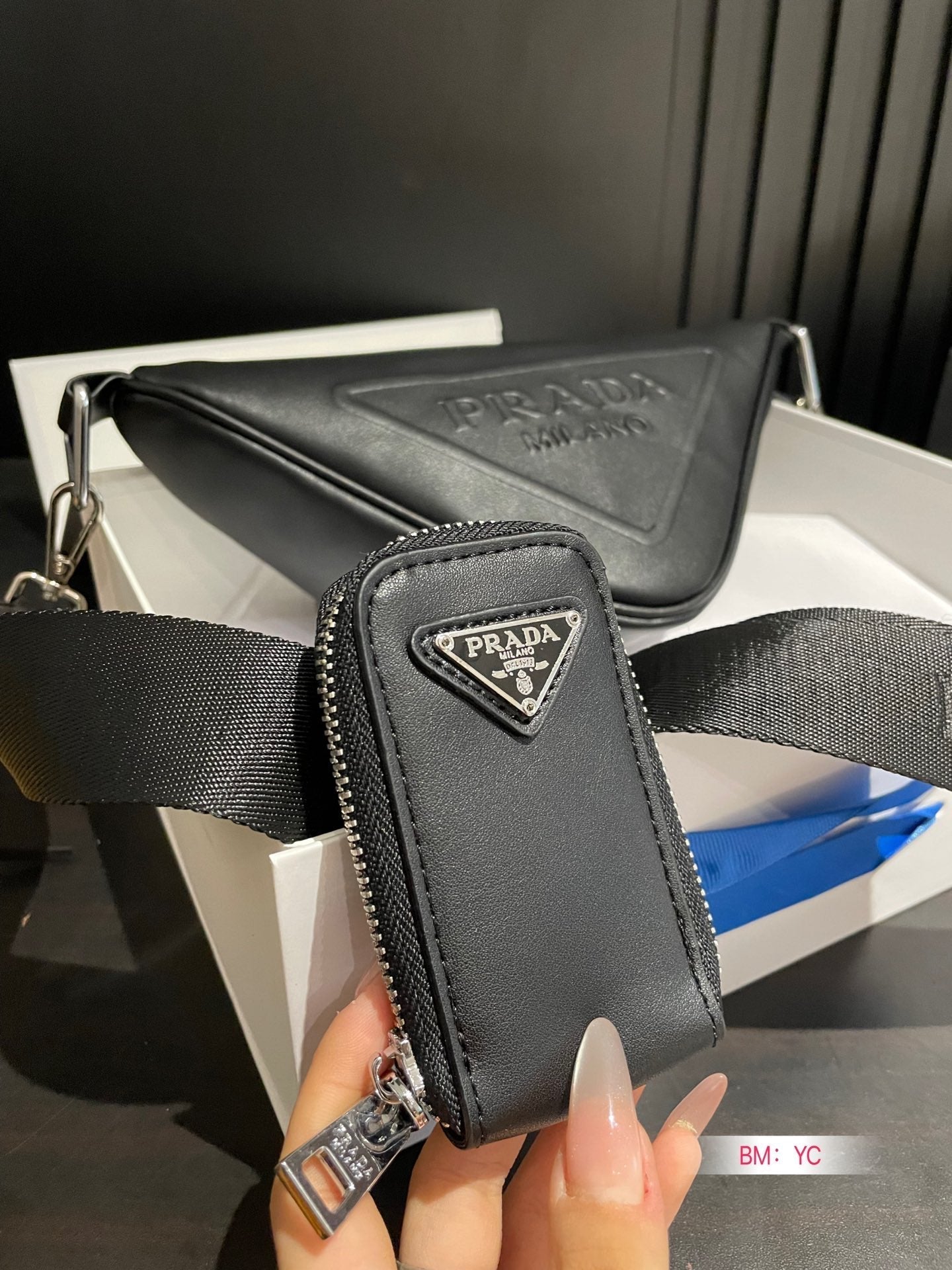 PRADA TRIANGLE 26 SHOULDER BAG IN BLACK CALFSKIN