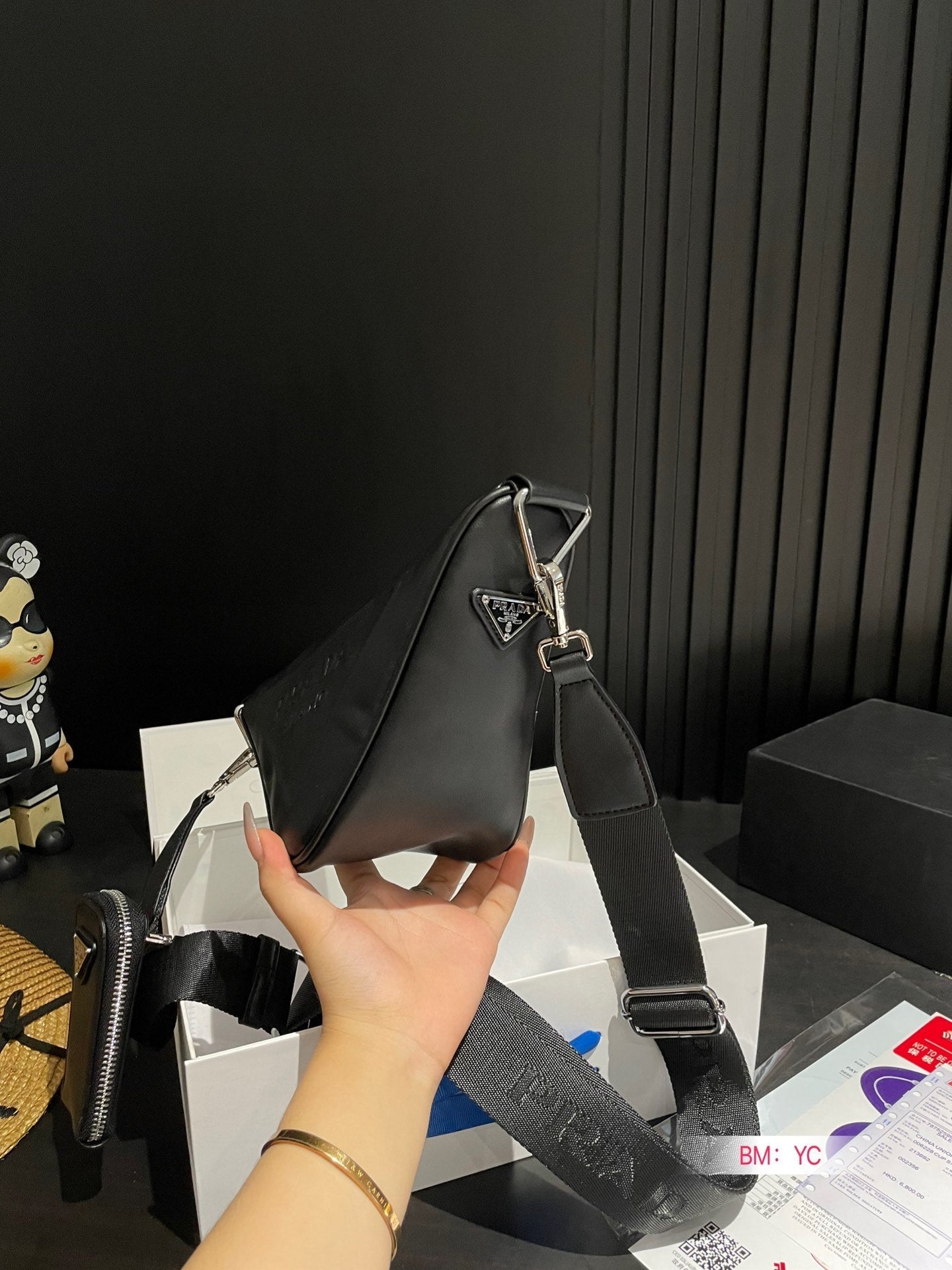 PRADA TRIANGLE 26 SHOULDER BAG IN BLACK CALFSKIN