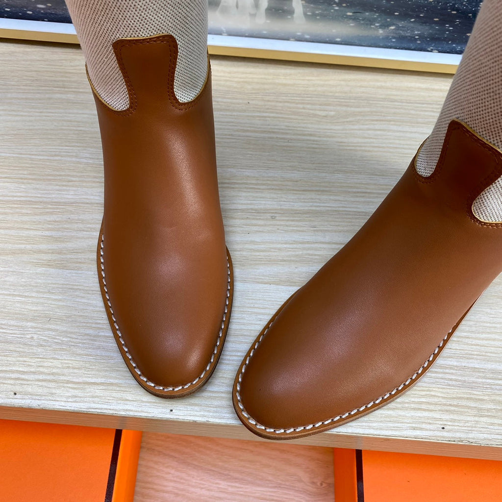 HERMES KNEE HIGH BOOTS IN BRONZE BROWN CALFSKIN AND WHITE FABRIC