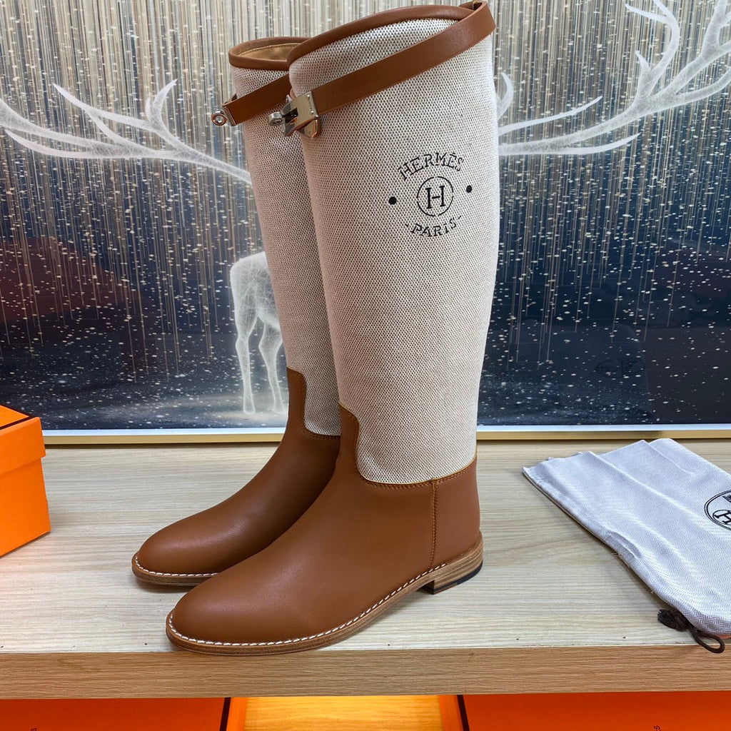 HERMES KNEE HIGH BOOTS IN BRONZE BROWN CALFSKIN AND WHITE FABRIC