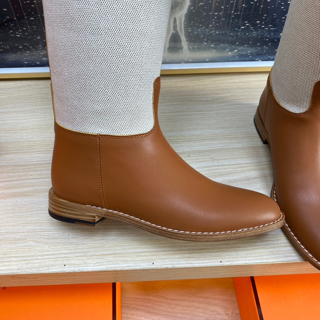 HERMES KNEE HIGH BOOTS IN BRONZE BROWN CALFSKIN AND WHITE FABRIC