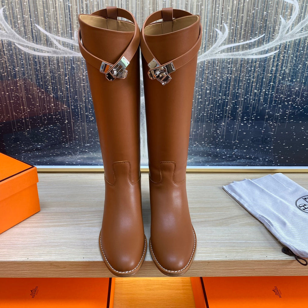 HERMES KNEE HIGH BOOTS IN BRONZE BROWN CALFSKIN