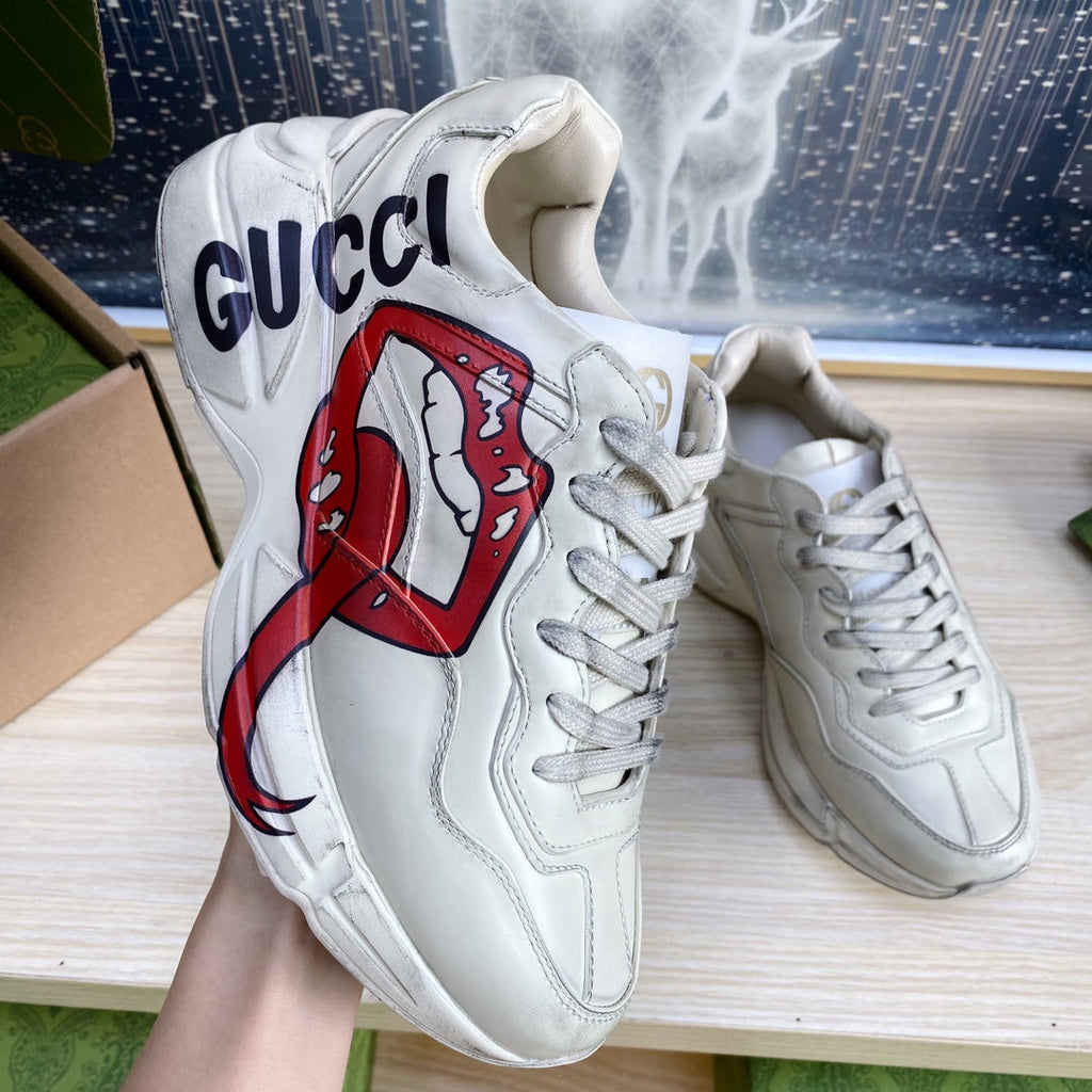 GUCCI COUPLE TRAINER WHITE CALFSKIN WITH LIP ICON