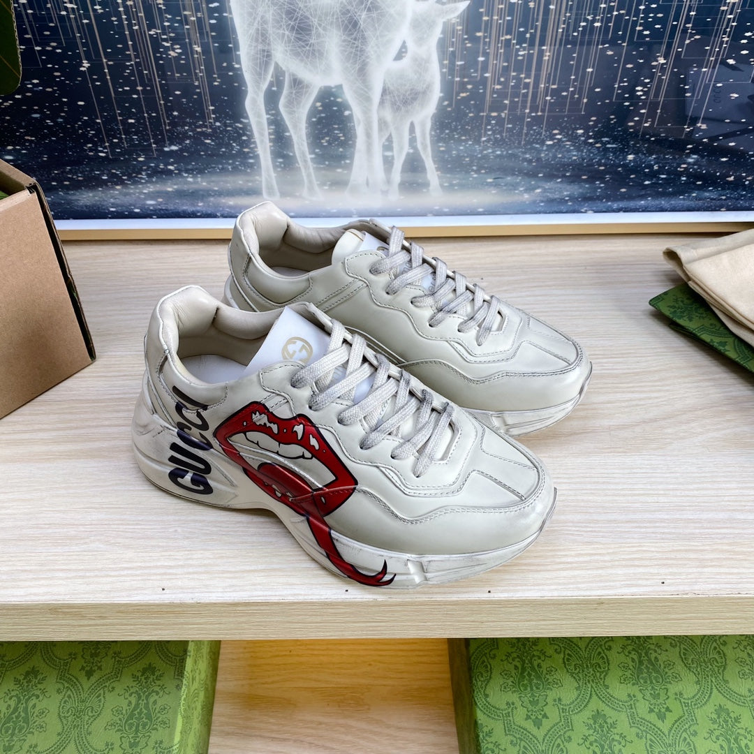 GUCCI COUPLE TRAINER WHITE CALFSKIN WITH LIP ICON