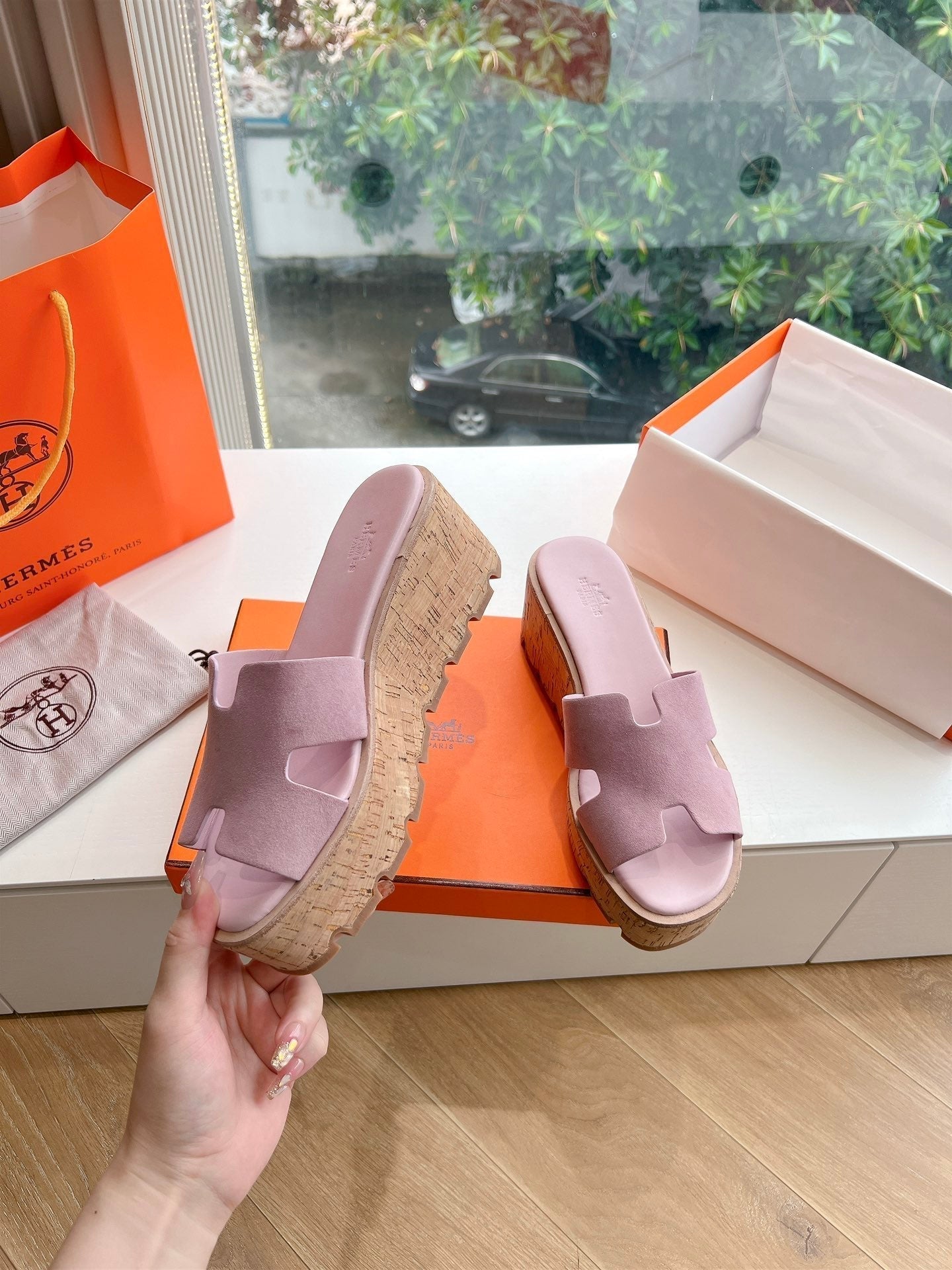 HERMES EZE 65 SANDAL PASTEL PINK SUEDE