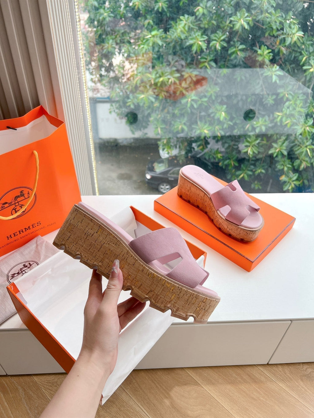 HERMES EZE 65 SANDAL PASTEL PINK SUEDE