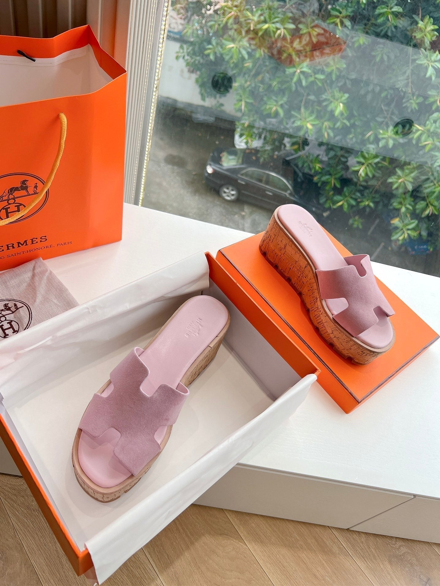 HERMES EZE 65 SANDAL PASTEL PINK SUEDE