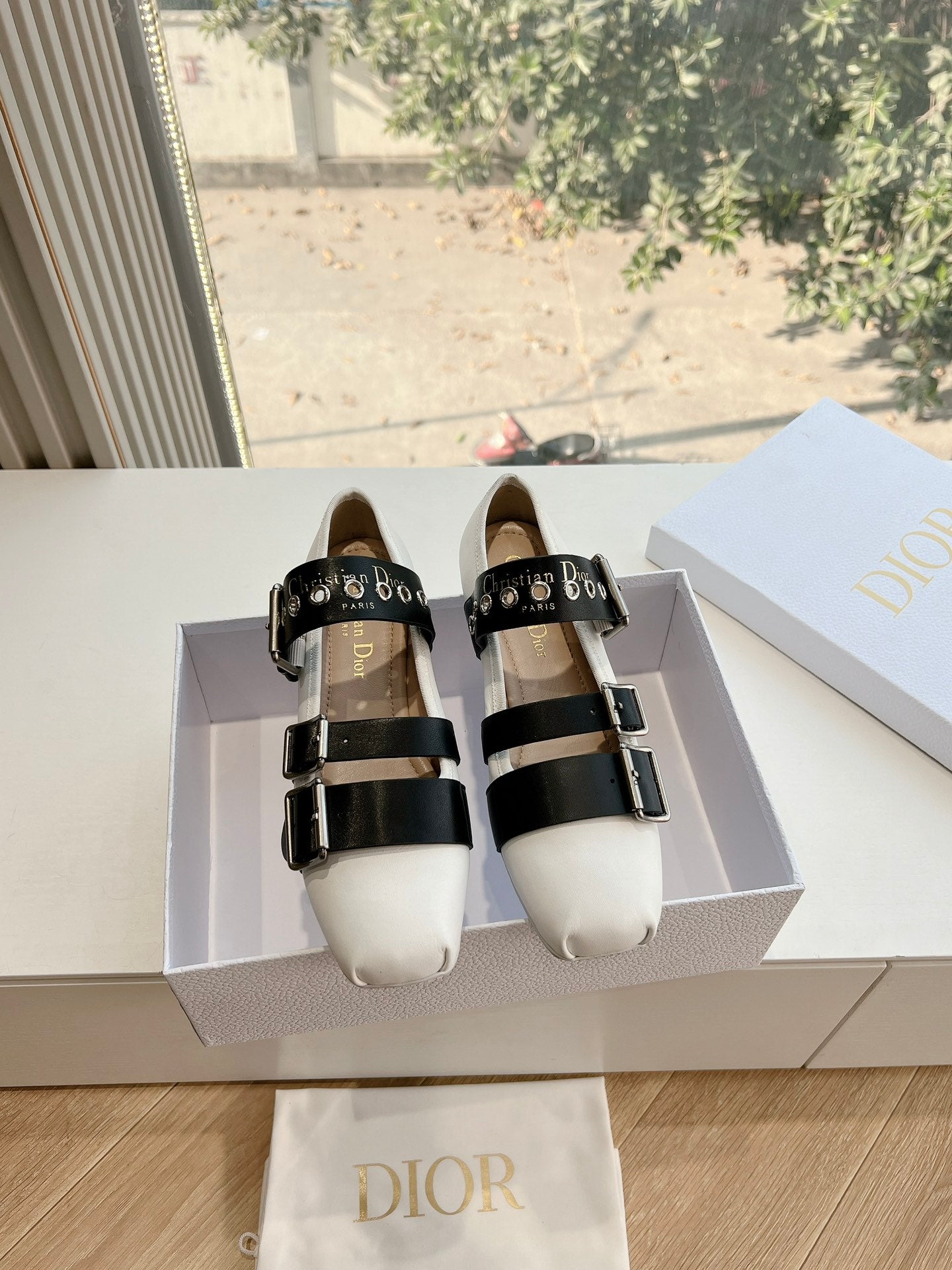 DIOR PUNK BALLET FLAT IN WHITE MIX BLACK SUPPLE CALFSKIN
