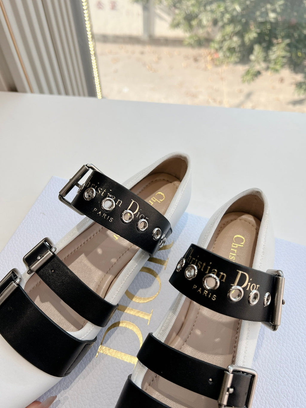 DIOR PUNK BALLET FLAT IN WHITE MIX BLACK SUPPLE CALFSKIN