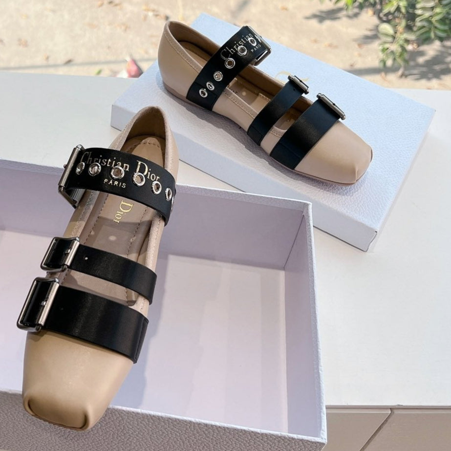 DIOR PUNK BALLET FLAT IN CAMEL BEIGE MIX BLACK SUPPLE CALFSKIN