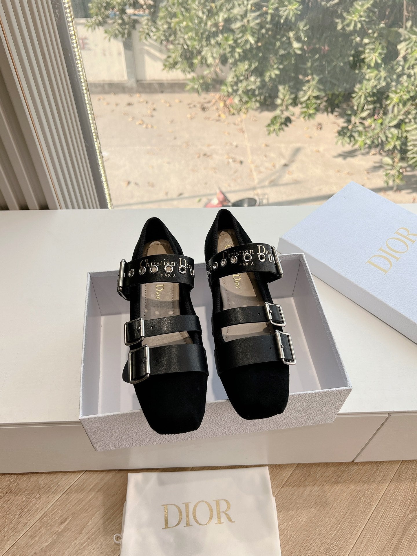 DIOR PUNK BALLET FLAT IN BLACK SUEDE AND SUPPLE CALFSKIN